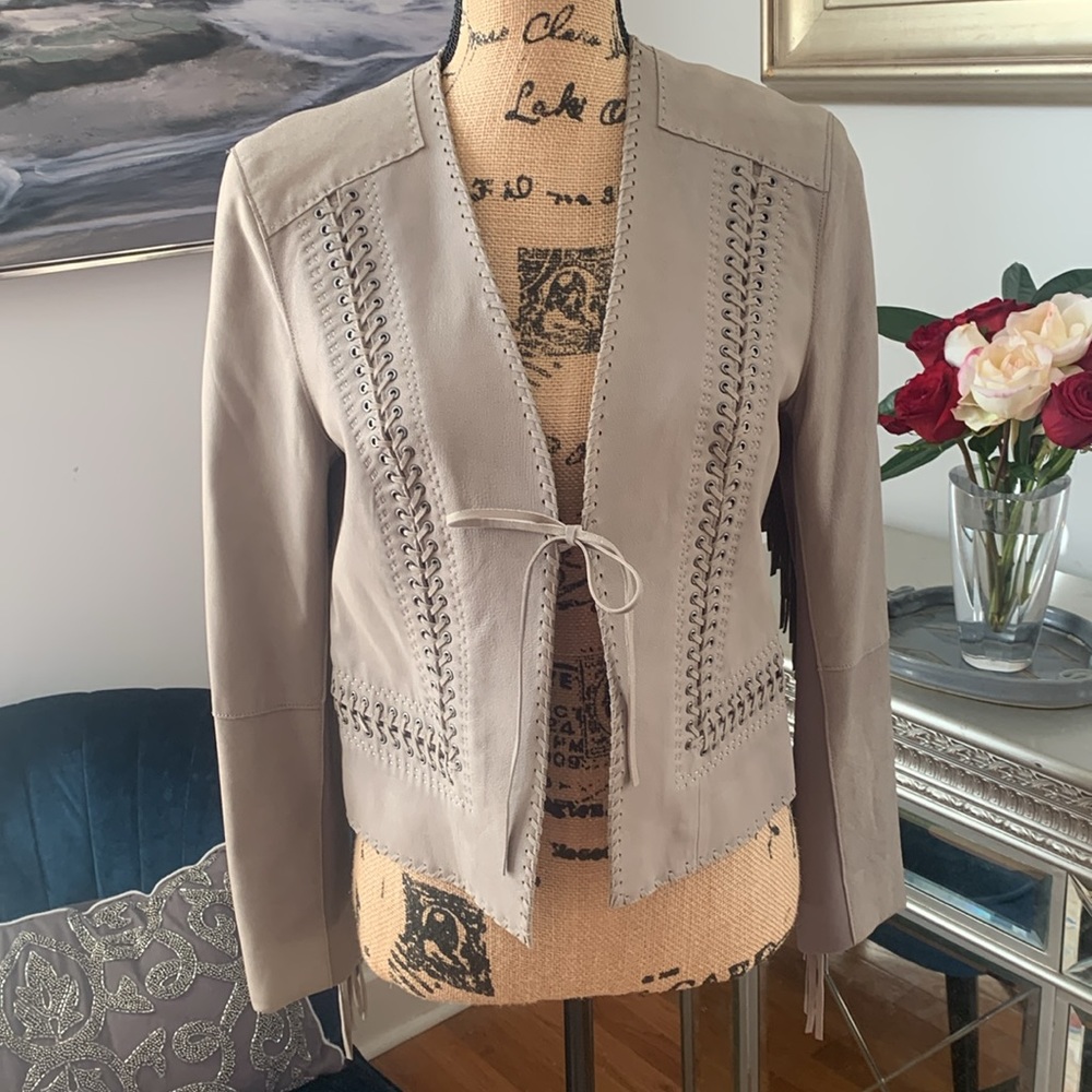 Elie Tahari lamb leather fringe jacket Neiman Marcus S tan taupe grey designer